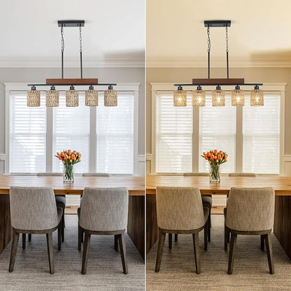Rattan Farmhouse Chandeliers for Dining Room, Boho Kitchen Island Lighting, 5-Light Linear Chandelier Rectangle Pendant Lighting, Rustic Wood Chandeliers Black Hanging Light Fixtures for Living Room