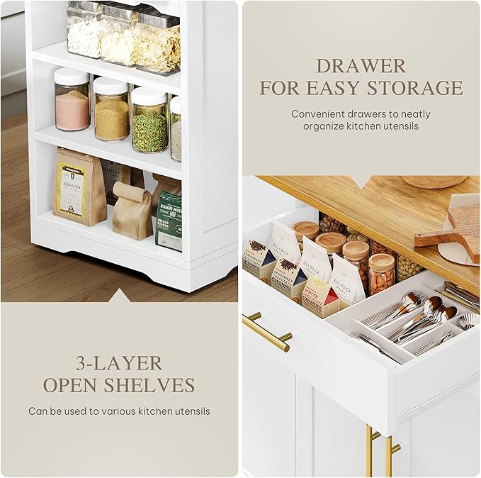 DWVO Large Kitchen Island with Trash Can Cabinet, 53 Inch Kitchen Island on Wheels, Rolling Island with Tilt-Out Garbage Storage Fits 13 Gallon Bin, Spice Rack and Drawer, for Dining Room, White