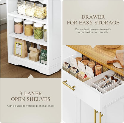 DWVO Large Kitchen Island with Trash Can Cabinet, 53 Inch Kitchen Island on Wheels, Rolling Island with Tilt-Out Garbage Storage Fits 13 Gallon Bin, Spice Rack and Drawer, for Dining Room, White