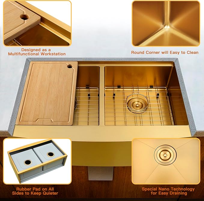 MILOSEN Gold Farmhouse Kitchen Sink, 33x20x10 Inch 50/50 Double Bowl Apron Front Undermount Sink, Gold Stainless Steel Workstation Farm Sinks with Ledge & Accessories, 10'' Deep Handmade Kitchen Sinks