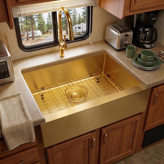 MILOSEN Gold RV Kitchen Sink, Stainless Steel Farmhouse Apronfront Kitchen Sinks, 23×16 inch Undermount RV Sink, Small Single bowl Laundry Apron Sink, 7 inch Depth Outdoor Camper Sinks
