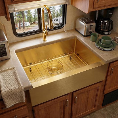 MILOSEN Gold RV Kitchen Sink, Stainless Steel Farmhouse Apronfront Kitchen Sinks, 23×16 inch Undermount RV Sink, Small Single bowl Laundry Apron Sink, 7 inch Depth Outdoor Camper Sinks