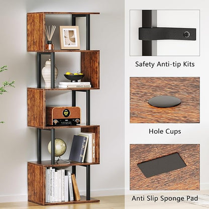 Furologee 6 Tier Bookshelf, Tall S Shaped Geometric Bookcase, Modern Display Shelf Standing Unit, Wood Metal Decorative Divider Rack for Living Room Bedroom Office, Rustic Brown | Tall, Bookcase, Display, Book Shelf, Decorative, Bookshelves