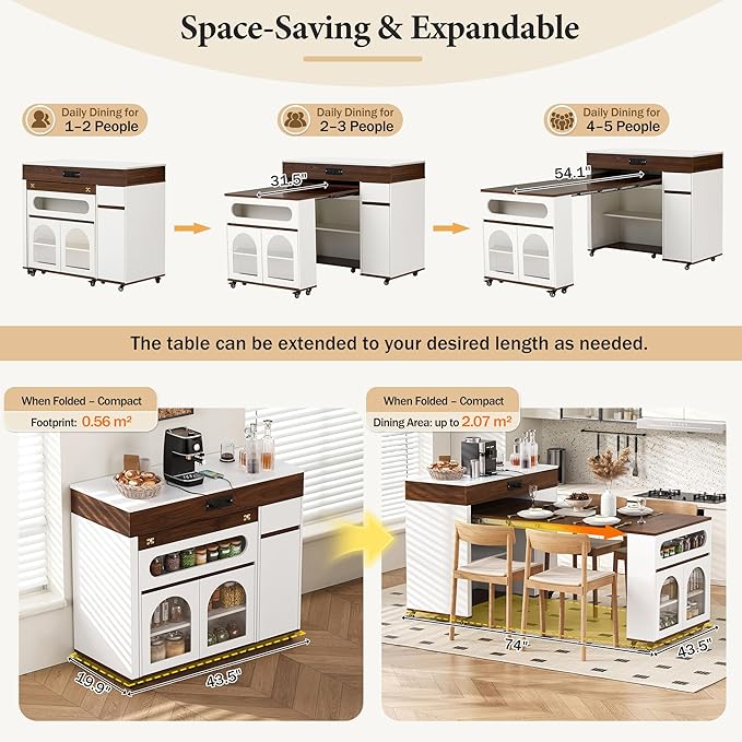 74" Extendable Dining Table with Extra-Long Folding Tabletop, Rolling Kitchen Island with Drawers, Power Outlet and Brake Lock, Zoned Layered Storage Cabinet for Kitchen and Dining Room