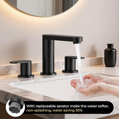QFN Matte Black Bathroom Faucets 3 Hole, 8 inch Widespread Bathroom Faucet with Pop Up Drain and 24" cUPC Supply Hoses, Lead-Free Two Handles Suitable for 6-12 Inch RV, Restroom, Vanity Sink