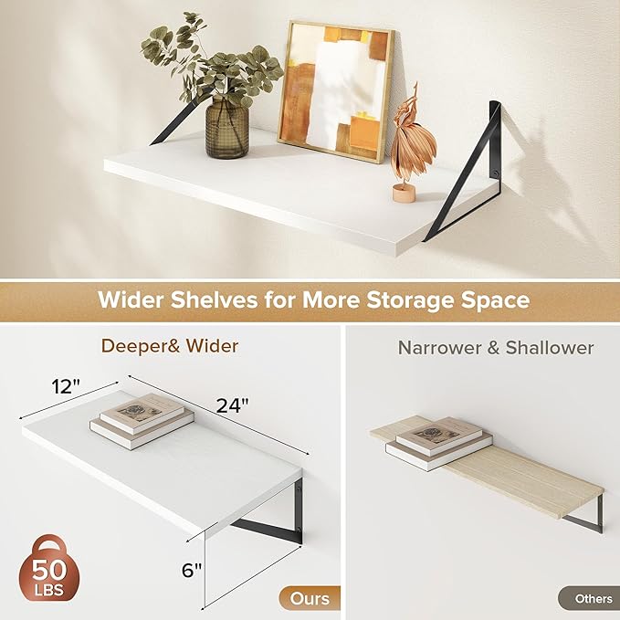 Acovy Deep Floating Shelves Wall Mounted, 24"x12" White Wall Shelves with Brackets Set of 2 for Bedroom, Living Room, Bathroom, Kitchen, Office - Storage & Display Shelf for Decor, Books, Plants