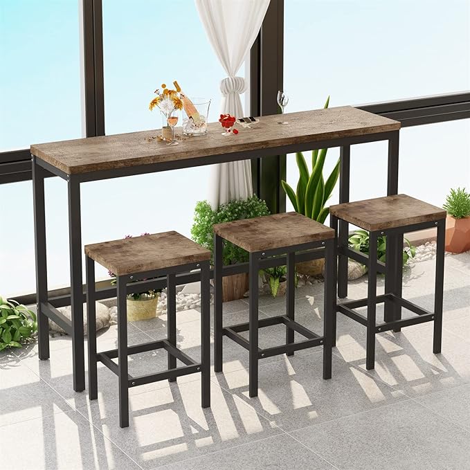 Merax 4-Piece Counter Height Extra Long Dining Table Set with 3 Stools and Footrest, Modern Design Kitchen Dining Table, Pub Table, Long Dining Table Set, Natural