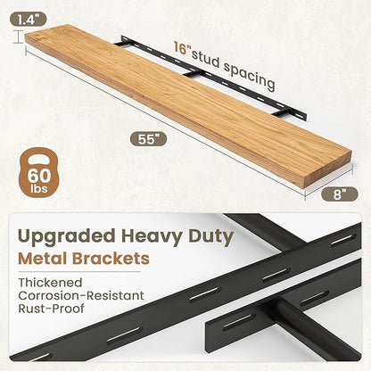 Fun Memories Solid Elm Wood Floating Shelves Set of 1-55 Inch Rustic Wall Shelves with Heavy-Duty Invisible Brackets - for Living Room, Kitchen, Bedroom, Bathroom - Natural Finish