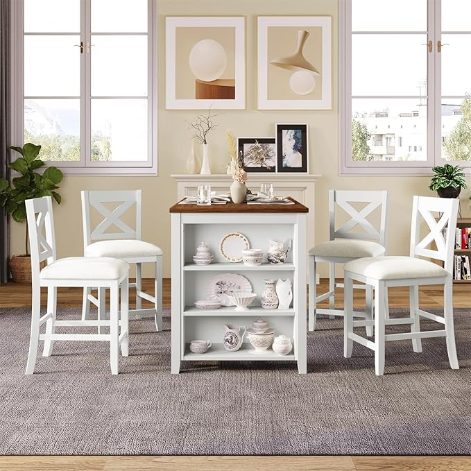 Harper & Bright Designs 5 Pieces Counter Height Wooden Bar Table Set with 3-Tier Shelf and 4 Chairs, Rustic Farmhouse Dining Table Set for 4, White