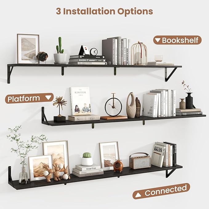 Axeman 55 Inch Floating Shelves | 8 Inch Deep Black Wall Shelves Set of 2 | 55" W x 8" D Rustic Black Wood Shelves for Bathroom Kitchen Living Room