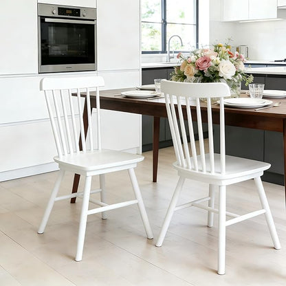 Windsor Dining Chairs Set of 2, Farmhouse Solid Wood Kitchen Chair with Spindle Back, Modern Side Dining Chairs Set for Dining Room, Kitchen, Restaurant, White