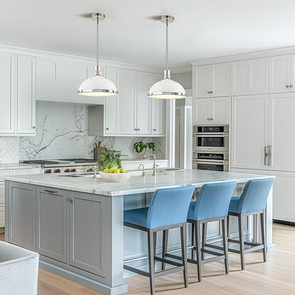 12.7 Inch White and Nickel Modern Pendant Lights, Mid Century Dome Kitchen Island Pendant Lighting, 1-Light Small Ceiling Hanging Light Fixture with Opal Glass Diffuser, Over Sink Table Bar