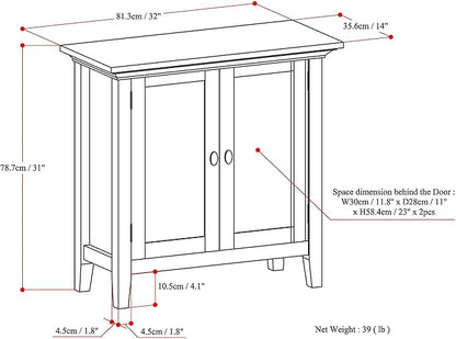 SIMPLIHOME Redmond Storage Cabinet - 32 inch Wide Solid Wood 2-Shelf Low Storage Cabinet in Light Golden Brown, Transitional Accent Cabinet for Entryway with Adjustable Shelves and Tapered Legs
