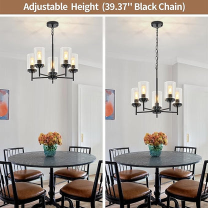 5-Light Farmhouse Glass Chandelier, Modern Black Chandelier for Dining Room Island Lights Industrial Hanging Foyer Lighting Fixtures Chandeliers for Entryway Kitchen Living Room Adjustable Height