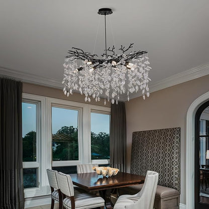 Crystal Tree Branches Chandeliers Luxury Round Hanging Pendant Light 10 Lights for Dining Room Bedroom Living Room Entryway 30.5" Black