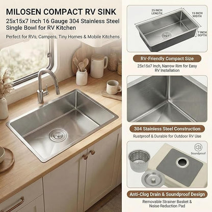 MILOSEN RV Kitchen Sink, 25''×15''×7'' 16 Gauge T304 Stainless Steel Drop-in/Undermount RV Sink, 25 inch Single Bowl Sinks for Caravans/Campervans & Site Cabins, 7 inch Depth Outdoor Trailer Sinks