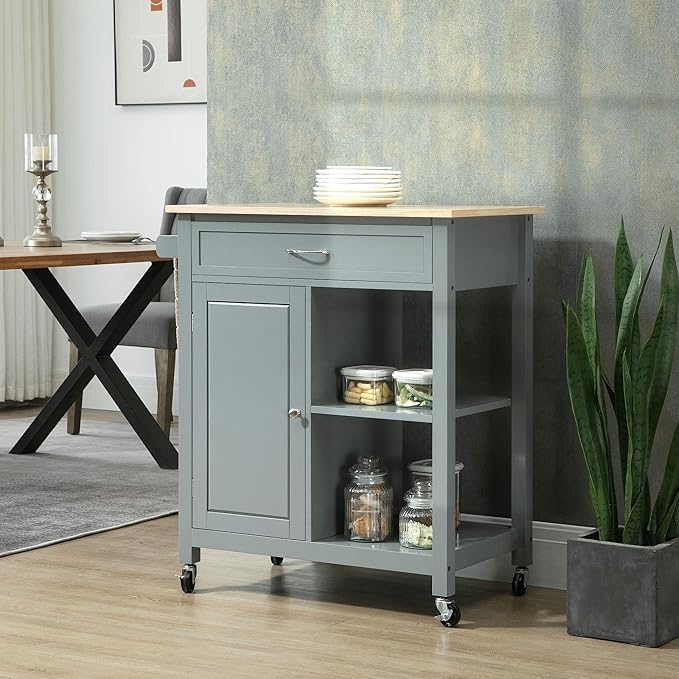 Kitchen Island Cart, Rolling Kitchen Island with Storage Shelf, Solid Wood Top, Drawer, for Dining Room, Gray