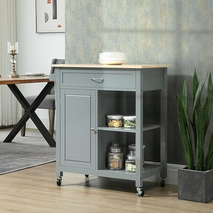 Kitchen Island Cart, Rolling Kitchen Island with Storage Shelf, Solid Wood Top, Drawer, for Dining Room, Gray