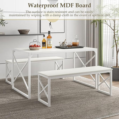 VECELO Kitchen Dining Table Benches Set for 4/6, 55" Wooden Dinette with 2 Benches, Large Embedded Desktop for Small Space, Breakfast Nook, White