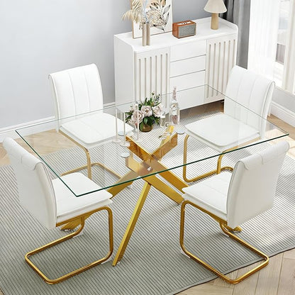 51.18" Rectangular Glass Dining Table, Tempered Glass Small Kitchen Table with Metal Tubular Legs, Stylish and Sturdy Gold Dinner Table for Home and Outdoor