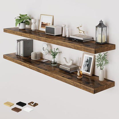 RICHFOCUS Deep Floating Shelves for Wall 2 Pack 12" D 36 Inch Wall Shelves for Room Wall|Wood Hanging Shelf with Invisible Brackets for Bathroom Bedroom Kitchen Laundry Room, Rustic Brown