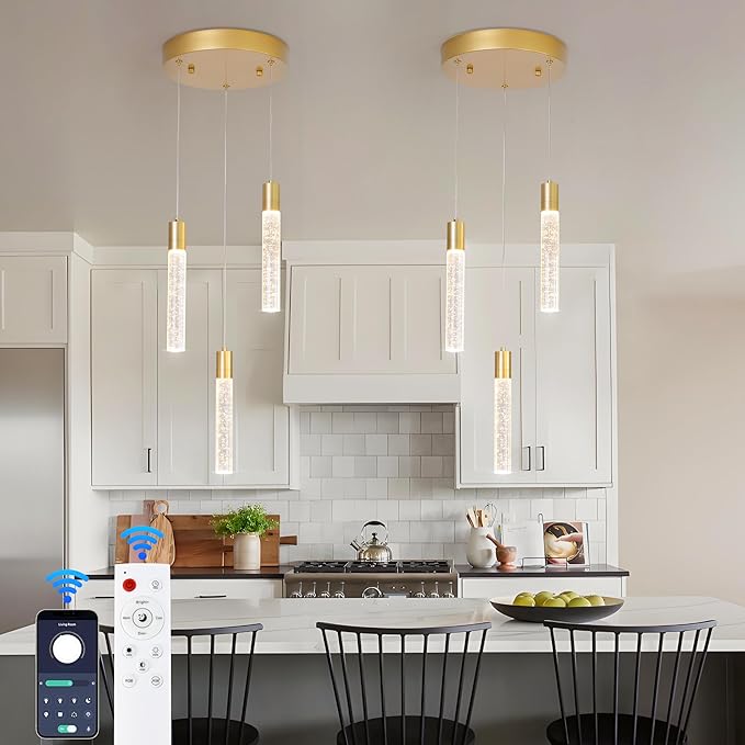 3 Light Pendant Lights Kitchen Island,Modern LED Bubble Crystal Pendants with Dimmable 3000K-6000K Ceiling Hanging Light Fixture for Dining Room Bedroom,Gold Finish,Adjustable Height 59"