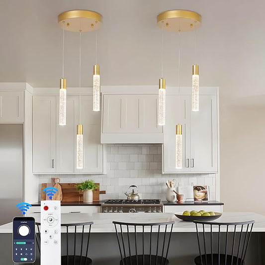 3 Light Pendant Lights Kitchen Island,Modern LED Bubble Crystal Pendants with Dimmable 3000K-6000K Ceiling Hanging Light Fixture for Dining Room Bedroom,Gold Finish,Adjustable Height 59"