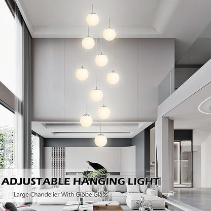 KoKo&Yukina 10 Light Globe Pendant Light Adjustable Hanging Light Staircase Chandelier Milk Glass Pendant Lights with Milky White Glass Shade Globe Lights for Staircase