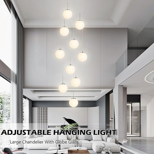 KoKo&Yukina 10 Light Globe Pendant Light Adjustable Hanging Light Staircase Chandelier Milk Glass Pendant Lights with Milky White Glass Shade Globe Lights for Staircase