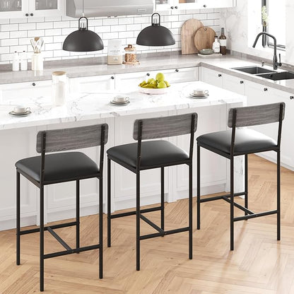 TrailBlaze Modern Upholstered Bar Stools Set of 2 with Back and Footrest, 25.5'' Counter Height Dining Chairs, Thick Cushioned Metal Frame - Kitchen Island, Bar, Dining Room - Easy Assembly - Grey