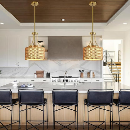 11.8" Modern Boho Rattan Gold Pendant Light Adjustable Rod Vintage Farmhouse Drum Fabric Pendant Light Fixture Woven Bamboo Wicker Pendant Lights for Kitchen Island, Dining Room, Bedroom