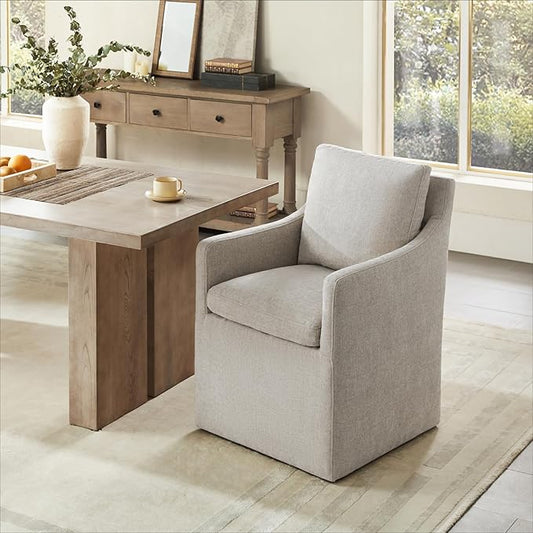 KISLOT Upholstered Dining Chairs with Casters, No Assembly Modern Accent Armchair with Rollers for Dining Room, Bedroom, Living Room, Reading Room, Already Assembled, Sand, 1 Box