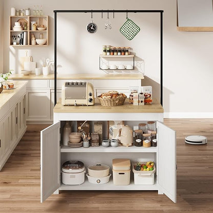 GarveeHome Kitchen Island with Storage 42 in - Heavy Duty Kitchen Cart, Mobile Kitchen Island with 2-Tier Shelves & 5 Hooks, Solid Wood Countertop for Small Spaces (White & Natural)
