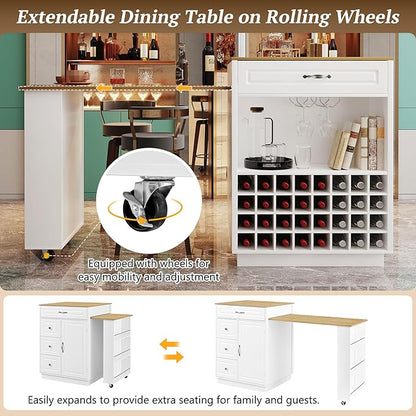 73” Kitchen Island with Extendable Dining Table, Multifunctional Wine Cabinet with 1 Door, 5 Drawers, Open Side Shelves, Wine Rack, Stemware Holder, Rolling Wheels, Chairs Not Include, White+Natural
