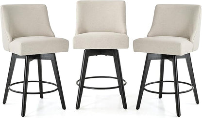 Vipbear Counter Height Bar Stools Set of 3, 26" H Swivel Bar Stools with Backs, Linen Fabric Upholstered Bar Chairs with Solid Wood Legs for Kitchen Island, Dining Room, Home Bar, White