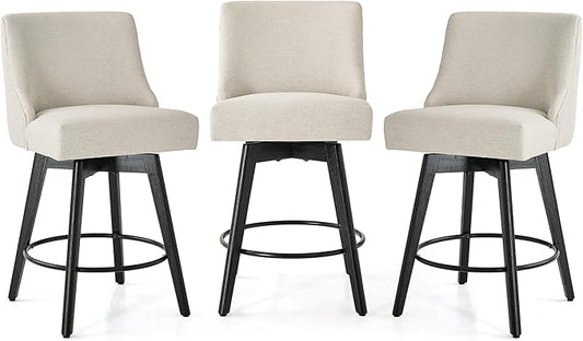 Vipbear Counter Height Bar Stools Set of 3, 26" H Swivel Bar Stools with Backs, Linen Fabric Upholstered Bar Chairs with Solid Wood Legs for Kitchen Island, Dining Room, Home Bar, White