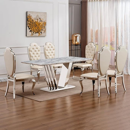 70" Marble Dining Table for 6-8, Modern Luxury Silver Rectangular Large Kitchen Table, Marble Grain MDF Tabletop & Stainless Steel Base, Dinner Furniture for Kitchen Dining Room, Meeting Room, Grey