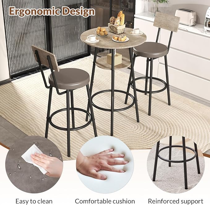 Zevemomo 3 Pieces Round Bar Table and Chairs Set, Small Dining Table for 2, Kitchen Bar Table, Breakfast Table with Storage, 2 Thickened Cushion Stools with Backrest for Dining Room & Bistro-Grey