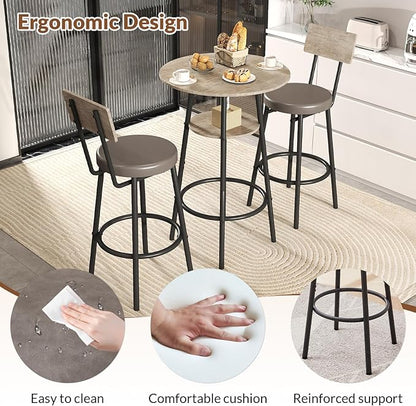 Zevemomo 3 Pieces Round Bar Table and Chairs Set, Small Dining Table for 2, Kitchen Bar Table, Breakfast Table with Storage, 2 Thickened Cushion Stools with Backrest for Dining Room & Bistro-Grey