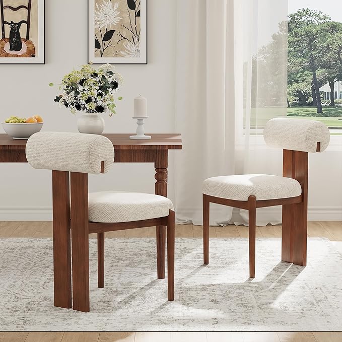 MALOL Modern Wooden Dining Chairs Set of 6, Upholstered Fabric Kitchen Chairs with Sculptural Backrest, Mid-Century Farmhouse Dining Room Chairs with Solid Wood Legs, Beige