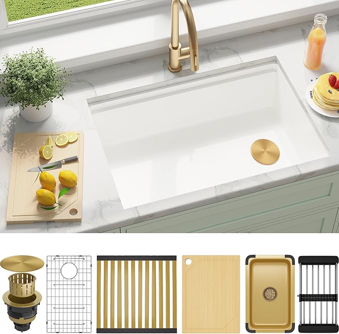 MILOSEN White Undermount Kitchen Sink, 30×18 Inch Workstation Ledge Under Counter Single Bowl Basin with Offset Drain, Granite Composite Quartz Material, Large Deep Sinks With Accessories