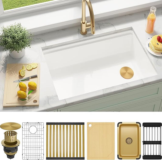 MILOSEN White Undermount Kitchen Sink, 30×18 Inch Workstation Ledge Under Counter Single Bowl Basin with Offset Drain, Granite Composite Quartz Material, Large Deep Sinks With Accessories