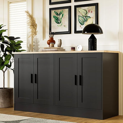 Anystyle 53" Black Buffet Cabinet with Storage, Modern Kitchen Sideboard with 4 Doors & Adjustable Shelves, Entryway Credenza & TV Console Table for Living Room, Dining Room
