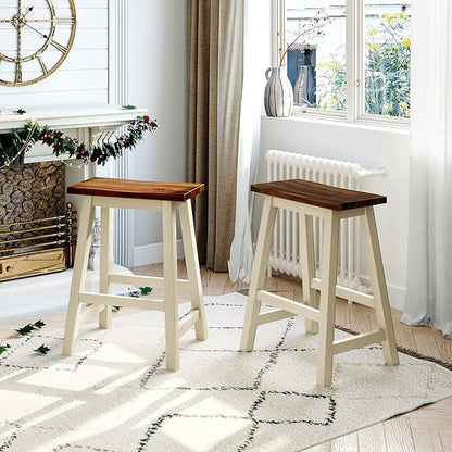 Dining Table Set, 3-Piece 42" Rubber Wood Kitchen Island Set, Dining Table with Drawer/Towel Rack/2 Stools, Suitable for Small Place (Walnut+Cream+3-Piece)