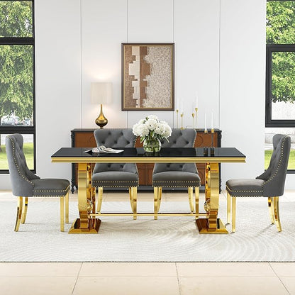 7-Piece Modern Luxury Dining Table Set, 70" Black Tempered Glass Dining Table with Gold Polished Stainless Steel U-Shaped Pedestal Base, 6 Gray Velvet Upholstered Chairs, for Dining Room, Office