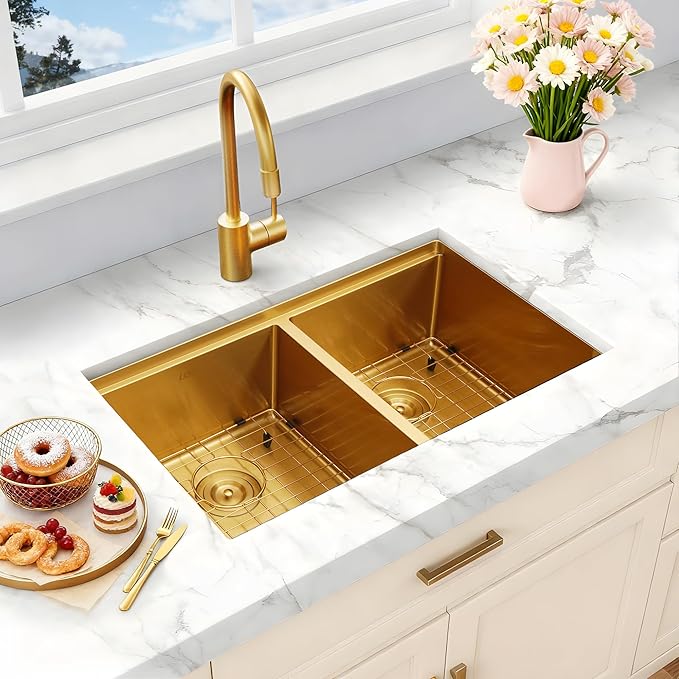 LQS Brushed Gold Kitchen Sink 32 Inch, 16 Guage Stainless Steel Undermount Gold Double Kitchen Sink with Smart Workstation, Luxury Golden Accessories for Modern Kitchen Style