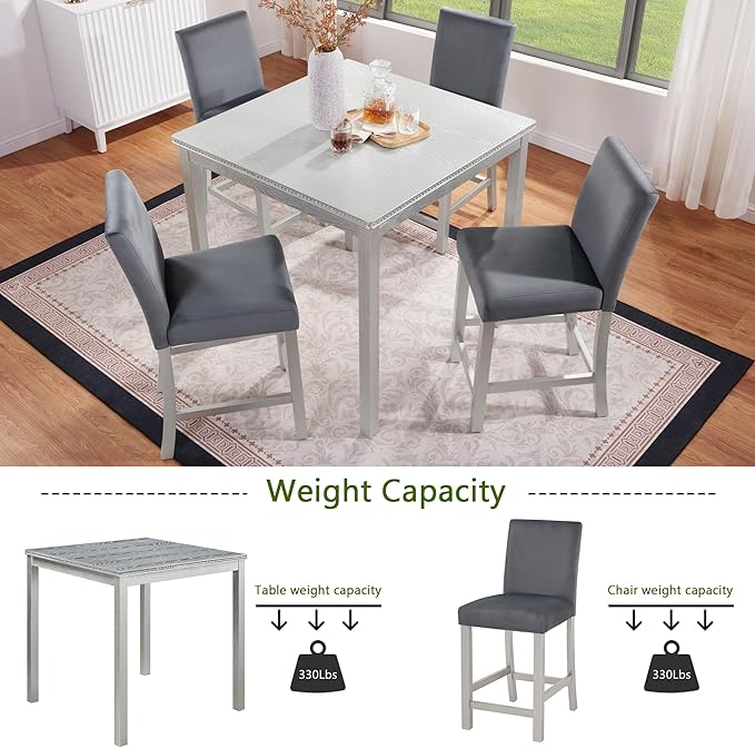 5 Piece Counter Height Table Set, Wooden Kitchen Table Set with Square Table and 4 Upholstered Chairs, Counter Height Dining Table with Crystal Decoration and Chair Set, Silver Grey