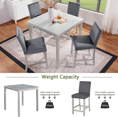 5 Piece Counter Height Table Set, Wooden Kitchen Table Set with Square Table and 4 Upholstered Chairs, Counter Height Dining Table with Crystal Decoration and Chair Set, Silver Grey