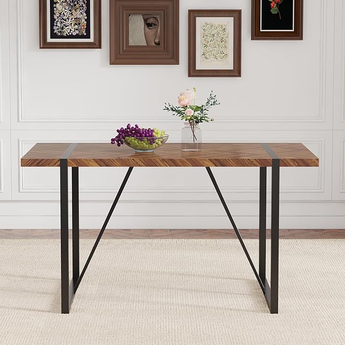 55" Extendable Island Table, Rustic Dining Table with Metal Frame, Mid Century Dining Table for Kitchen Dining Living Room, Black,Brown