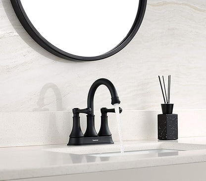 TimeArrow Matte Black 2 Handle Centerset Bathroom Sink Faucet 3 Holes with Drain Assembly, High Arc Modern 4 Inch Bathroom Vanity Lavatory Faucet with Brass 360° Swivel Spout, TAF067Y-MB